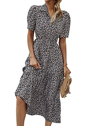 Yming Damen V-Ausschnitt Urlaubskleid Elegant Blumen Sommerkleid Kurzarm Kleid Schwarz XL von Yming