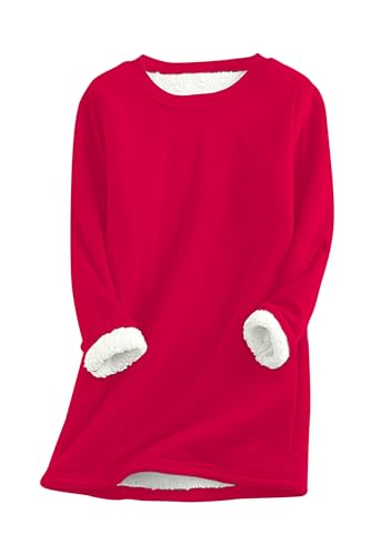Yming Frauen Sherpa Casual Pullover Fleece Gefüttert Langarm Solide Pullover Tops Rot L von Yming