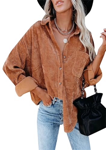 Yming Damen Vintage Cord Jacke Hemd Revers Roll Up Übergroßes Hemd Orange XXL von Yming