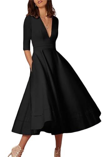 Yming Damen Vintage High Waist Partykleid Retro Deep V Neck Kleid Elegantes Swing Kleid mit Tasche Schwarz 2XL von Yming