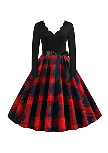 Yming Damen Vintage Hochzeitstagkleid Kariertes Kleider Karo Rockabilly Kleid Audrey Hepburn Kleid Rot Blau S von Yming