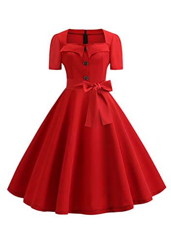 Yming Vintage Audrey Hepburn Kleid Für Frauen Cocktail Kleid Quadratischer Kragen Kragen Polka Punkte Kleid Rot Rein XS von Yming