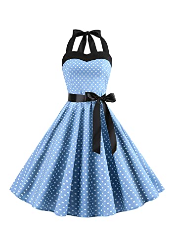 Yming Lady Off Shoulder Abendkleid Fliege Träger Kleid Ärmellos Polka Dot Hohe Taille Kleid Wellensaum Halter Neck Audrey Hepburn Style Kleid Hellblau S von Yming