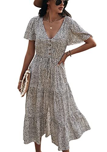 Yming Damen Vintage Partykleider Boho Feiertagskleid V-Ausschnitt Kleid Leopardenmuster Sommerkleider Weiß S von Yming