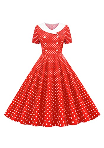 Yming Damen Audrey Hepburn Cocktailkleid mit Baumwolle Vintage Taille Kurzarm 1950er Jahre Kleid Rot XL von Yming