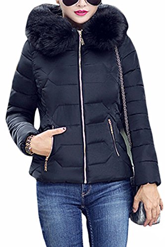 Yming Damen Warm Skijacke Kurz Mantel Gefüttert Skijacke Winter Parka mit Kapuze Schwarz-A XXL von Yming