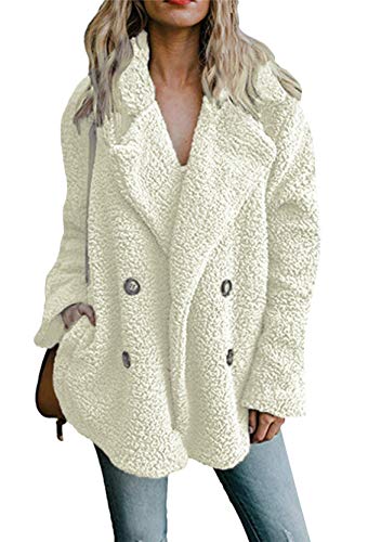 Yming Damen Warme Langarm Jacke Winter Zweireihig Mantel Weicher Teddy Fleece Mantel Weiß L von Yming