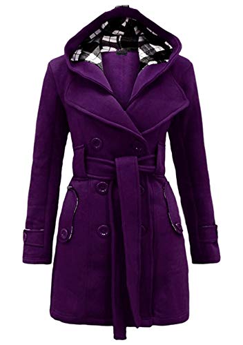 Yming Damen Warmer Kapuze Mantel Revers Wickeljacke Mit Taschen Outdoor Trenchcoat Mantel Oberbekleidung Violett XXL von Yming