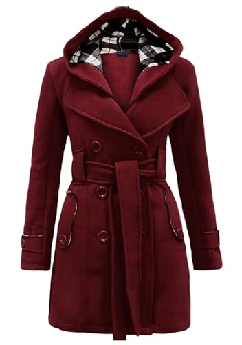 Yming Damen Winter Warmer Kapuzenmantel Zweireihiger Gürtel Langarmmantel Elegant Lässige Casual Outerwear Weinrot L von Yming