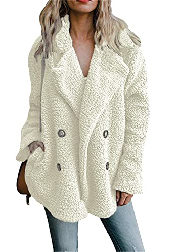 Yming Damen Webpelz Jacken Langarm Revers Teddy Fleece Jacke Zweireiher Übergroßer Mantel Weiß 5XL von Yming
