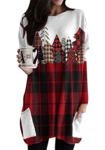 Yming Damen Weihnachten Langarm Shirt Santa Deer Print Pullover Plus Size Casual Kleid Mit Tasche Plaid XXL von Yming