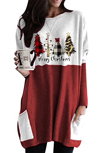 Yming Damen Weihnachten Santa Gedruckt Kleid Rundhalsausschnitt Loser Pullover Langarm Casual Shirt Mit Taschen Baum M von Yming