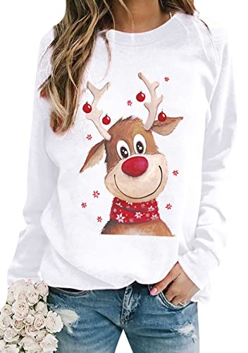 Yming Damen Weihnachtspullover Winter Rundhals Rentier Bluse Lose Langarm Pullover Weiß L von Yming