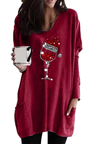 Yming Damen Weinglasdruck Sweatshirts Rundhals Weihnachtspullover Langarm Pullover Bordeaux XXL von Yming