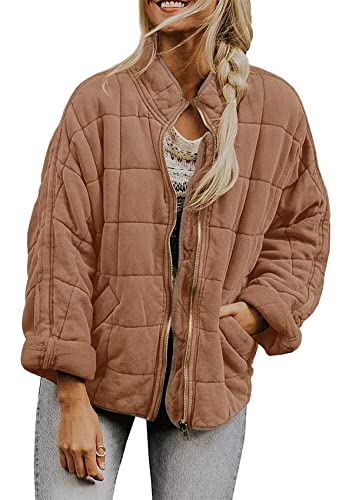 Yming Damen Winter gesteppte Baumwolle-wattierte Mantel mit Taschen Lose Reißverschluss Jacke Kurzer Stehkragen Top Braun M von Yming