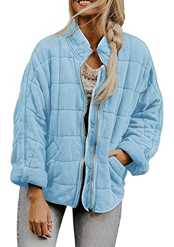 Yming Damen Winter gesteppte einfarbige Baumwolle-wattierte Mantel mit Taschen Kurzer Mantel Prägung Reißverschluss Jacke Hellblau L von Yming