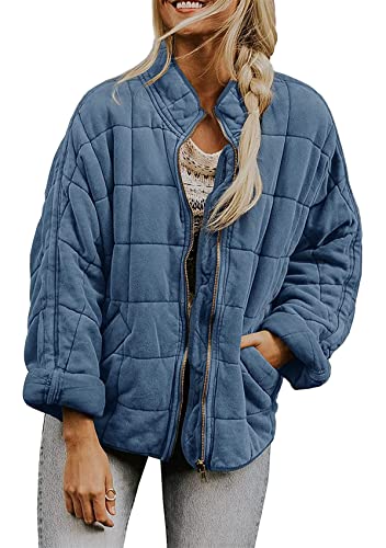Yming Damen Winter gesteppt Einfarbige Baumwolle-wattierte Jacke Stand-up Kragen Reißverschluss Tasche Prägung Lose Jacke Blau Grau XL von Yming