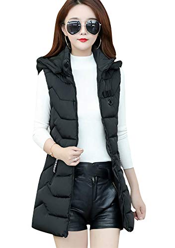 Yming Damen Winter Lange Gilet Reißverschluss Einfarbige ärmellose Jacke mit Taschen gesteppt Casual Mantel Schwarz XS von Yming