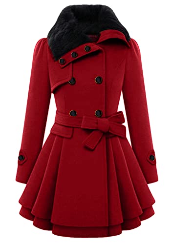 Yming Damen Winter Pelz Kragen Langarm Outwears Revers Wrap Outdoor Trench Herbst Warm Casual Tops Weinrot M von Yming