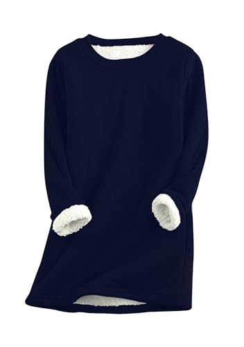 Yming Frauen Rundhalsausschnitt Verdickung Sherpa gefüttert Warme Oberteile Fleece Sweatshirt Navy Blau L von Yming
