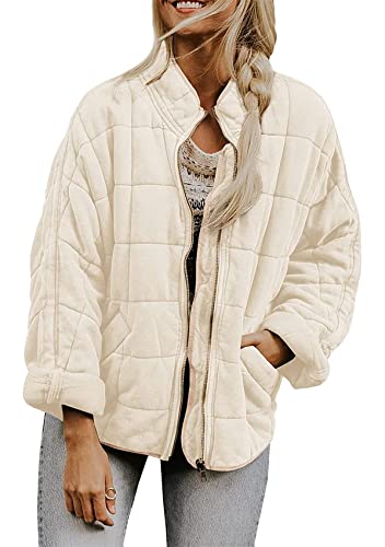 Yming Damen Winter gesteppt Einfarbige Hoher Kragen Reißverschluss Mantel Lose kurze Baumwolle-wattierte Jacke Pocket Top Aprikot XXL von Yming