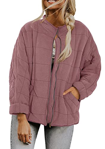 Yming Damen Winter gesteppt Stehkragen Reißverschluss Baumwolle-wattierte Jacke Langarm Loser geprägter Mantel mit Taschen Rosa XL von Yming