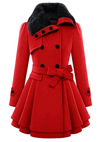 Yming Damen Winterjacke Künstliche Wollmischung Jacke Langarm Jacke Breasted Trenchcoat mit Gürtel Rot L von Yming