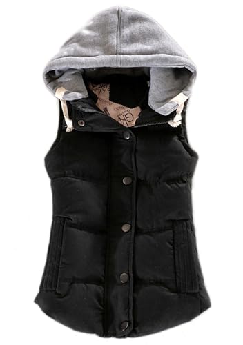 Yming Damen Winterweste Mit Reißverschluss Und Knöpfen Einfarbige ärmellose Jacke Mit Taschen Gesteppter ärmelloser Mantel Schwarz XS von Yming