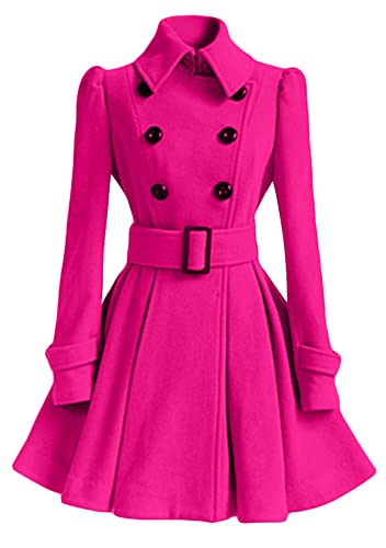 Yming Damen Wollmischung Winterjacke Freizeitjacke Taillengürtel Mantel Warmes Revers Zweireiher Mantel Rose M von Yming