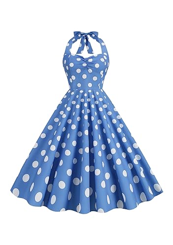 Yming Einfarbiges Damenkleid Mit Gürtel Vintage Neckholder Elegantes Kleid Rockabilly Ärmelloses Kleid Ärmelloses Hellblauer Punkt 2XL Yming Einfarbiges Damenkleid Mit Gürtel Vintage Neckholder Elegantes Kleid Rockabilly Ärmelloses Kleid Ärmelloses Hellblauer Punkt 2XL von Yming