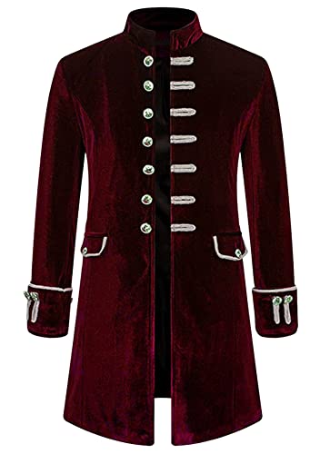 Yming Elegante Gothic Kutte Samtmantel Uniform Langarm Anzug Jacke Vintage Party Punk Retro Smoking Steampunk Gothic Jacke Samt Red XL von Yming