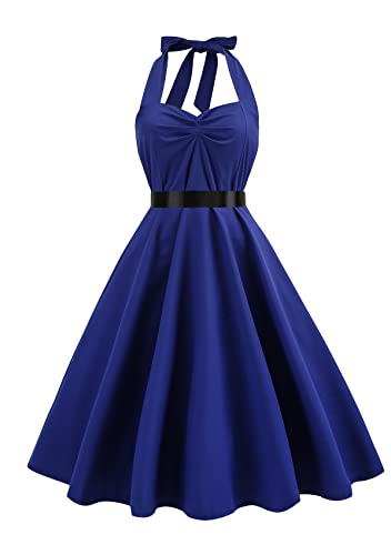 Yming Elegantes Cocktailkleid Für Frauen Swing Slim Fit Kleid Mit Gürtel Blumenkleid Ärmelloses Blau XS von Yming