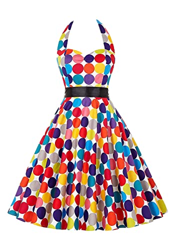 Yming Schulterfreies Elegantes Wellen-Saum Kleid Hohe Taille Fliege Träger Cocktailkleid Vintage Low Cut Polka Dot Kleid Ärmelloses Mehrfarbig XL von Yming