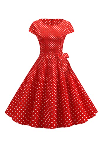 Yming Elegantes Trapezkleid Polka Punkte Für Frauen Kleid Mit Rundhalsausschnitt Vintage Sommerkleider Für Prinzessinnen Kleid Von Audrey Hepburn Rot XL von Yming