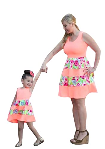 Yming Eltern Kind Kleid Hohe Taille Strandkleid Boho Ärmellos Kleider Rundhals Kleid Blumen Rosa 5-6 Jahre von Yming