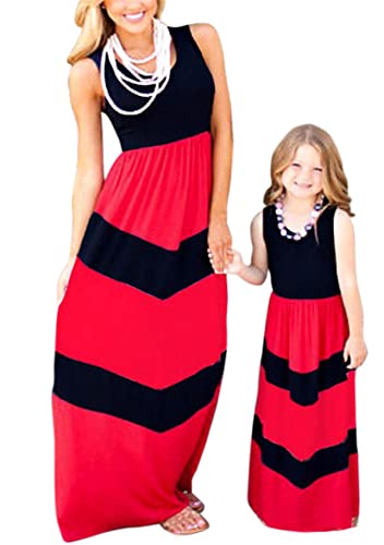 Yming Eltern Kind Kleid Streifen Kleid Spleißen Strandkleid Ärmellos Partykleid Rot Schwarz 3-4 Jahre von Yming