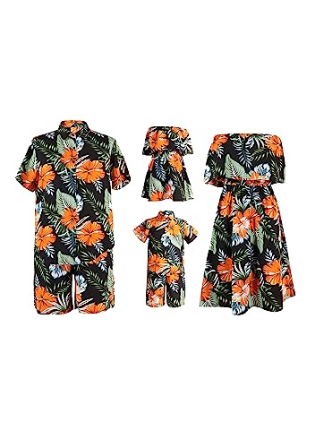 Yming Familie passende Outfits Vater und Sohn Jungen Boho Floral Print Sommer Strand Urlaub Baumwolle Shirt und Shorts Sets Schwarz XL von Yming