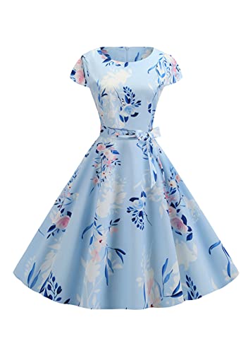 Yming Frau Audrey Hepburn Kleid Kurzärmeliges Kleid Mit Blumen Bedruckt Mit Gürtel Elegante Sommerkleider Cocktailkleider Mit Halsausschnitt Blau Blumen M von Yming