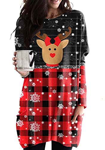Yming Frau Langarm Pullover Weihnachten Winter Rundhalsausschnitt Sweatshirts Elch Schwarz Kariert XXL von Yming