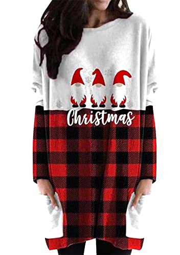 Yming Frau Sweatshirts Weihnachtsbluse Shirts Langarm Pullover mit Taschen Rot Weihnachtsmütze S von Yming