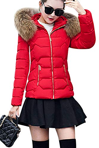 Yming Frau Übergangsjacke Warm Gefüttert Kurz MantelJacke Winter Parka mit Kunstpelz Kragen Rot-B XS von Yming