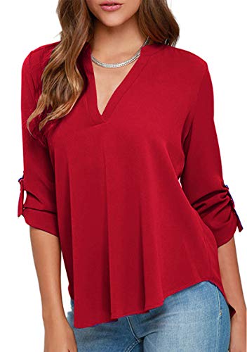 Yming Frau V-Ausschinitt Blusen Lose Halber Ärmel Bluses Casual Chiffon Shirt Rot L von Yming