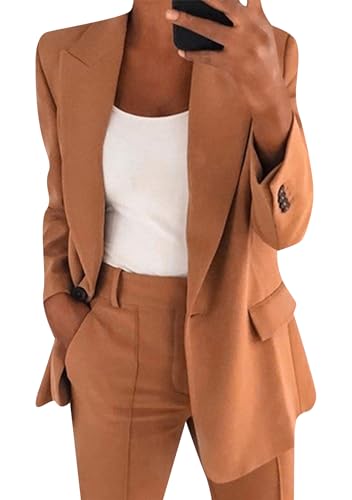 Yming Frauen 2-teilige Outfit Blazer Sets Einfarbige Oppen Front Anzug Jacke und gerade Bein Bleistift Hosen Hosen Anzüge Khaki M von Yming