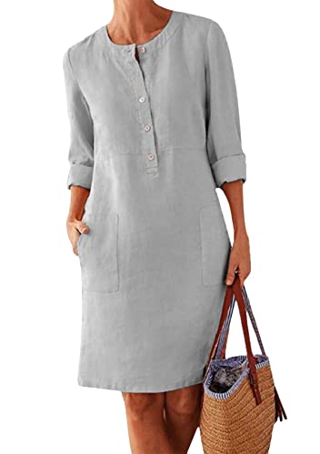 Yming Frauen 3/4 Ärmel Sommer Mode Oversize Sundress Casual Leinen Sundress Midi Beach Kleid Hellgrau XL von Yming