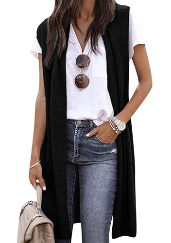 Yming Frauen Ärmellose Drapierte Weste Solide Offene Front Strickjacke Langer Leichter Dustermantel Schwarz XXL von Yming