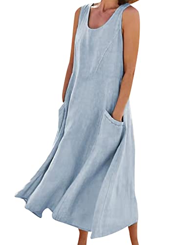 Yming Frauen Ärmelloses Leinen Kleid Casual Maxi Kleider Rundhalsausschnitt Sommerkleider Mit Taschen Blau XL von Yming