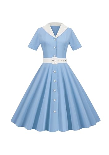 Yming Frauen Abend Einfarbiges Kleid Reverskragen Elegante Cocktailkleider Cocktail Trapez Plissee Kleider Rein Rein Blau XL von Yming