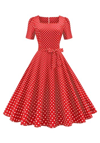 Yming Damen Audrey Hepburn Abendkleid Polka Dot Kleid mit Gürtel Cocktail Vintage Kleid Rot XS von Yming