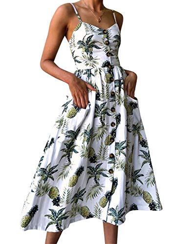 Yming Frauen Abendkleider Midikleid Partykleider mit Taschen Spaghetti Sommerkleid Weiß XXL von Yming