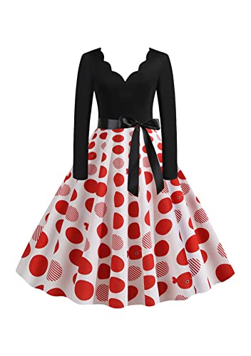 Yming Frauen Audrey Hepburn Kleid Langarm Cocktailkleid Wrap Partykleider A-Linie Kleid Rote Punkte S von Yming